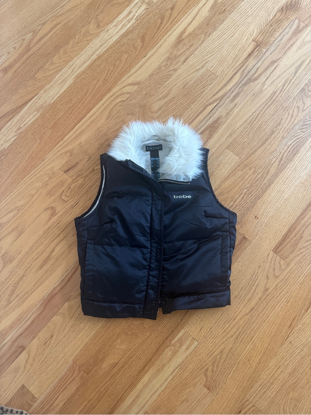 Y2k Bebe black puffer vest with fur trim fall vest